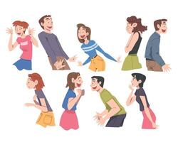 Young Men and Women with Shocked Face Expression Set, Emotional Reaction Concept, Surprised and Amazed People Cartoon Style Illustration vector