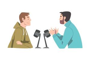 Young Men Doing Live Audio Podcast with Microphone, Radio Host Communicating with Guest in Studio Cartoon Style Illustration vector