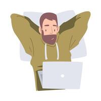 Man Doing Live Podcasts on his Laptop Computer Cartoon Style Illustration vector