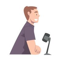 Side View of Man Doing Live Podcast with Microphone, Radio Host Communicating in Studio Cartoon Style Illustration vector