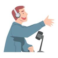 Side View of Man in Headphones Doing Live Audio Podcast with Microphone, Radio Host Communicating with Guest in Studio Cartoon Style Illustration vector