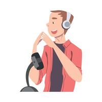 Young Man in Headphones Listening and Recording Audio Podcast with Microphone in Studio Cartoon Style Illustration vector
