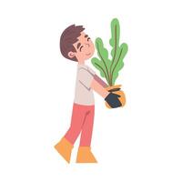 Boy Carrying Flower Pot with Seedling of Tree, kid Taking Care about Ecology, Conservation of Planet Resources, Environmental Protection Concept Cartoon Illustration vector