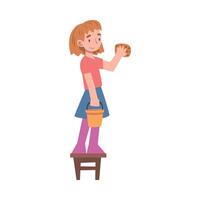 Cute Girl Standing on Wooden Chair with Rag and Bucket, Kid Taking Care about Ecology, Conservation of Planet Resources Concept Cartoon Illustration vector