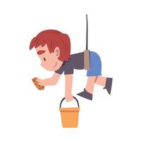 Cute Boy Hanging on Rope with Rag and Bucket, Kid Taking Care about Ecology, Conservation of Planet Resources, Environmental Protection Concept Cartoon Illustration vector