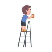 Boy Standing on Ladder Cleaning with Rag, Kid Taking Care about Ecology, Conservation of Planet Resources Concept Cartoon Illustration vector