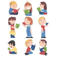Kids Sitting On Floor and Reading Books Set, Cute Adorable Boys and Girls Enjoying of Literature Cartoon Style Illustration vector