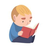 Cute Boy Sitting On Floor and Reading Book, Cute Adorable Kid Enjoying of Literature, Elementary School Student Character Cartoon Style Illustration vector