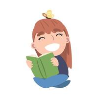 Happy Girl Sitting On Floor and Reading Book, Cute Adorable Kid Enjoying of Literature, Elementary School Student Character Cartoon Style Illustration vector