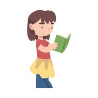 Cute Girl Standing and Reading Book, Adorable Kid Enjoying of Literature, Elementary School Student Character Cartoon Style Illustration vector
