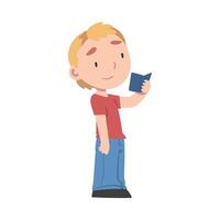 Cute Boy Standing and Reading Book, Adorable Kid Enjoying of Literature, Elementary School Student Character Cartoon Style Illustration vector