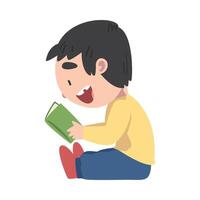 Happy Smiling Boy Sitting On Floor and Reading Book, Adorable Kid Enjoying of Literature, Elementary School Student Character Cartoon Style Illustration vector