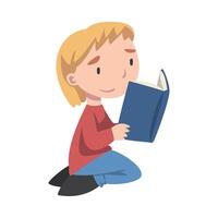Cute Boy Sitting On Floor on his Knees and Reading Book, Adorable Kid Enjoying of Literature, Elementary School Student Character Cartoon Style Illustration vector