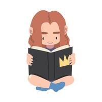 Cute Girl Sitting on Floor with Crossed Legs and Reading Book, Kid Enjoying of Literature, Elementary School Student Character Cartoon Style Illustration vector