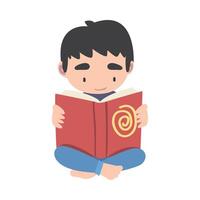Cute Boy Sitting on Floor with Crossed Legs and Reading Book, Kid Enjoying of Literature, Elementary School Student Character Cartoon Style Illustration vector