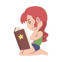 Cute Redhead Girl Sitting on Floor on her Knees and Reading, Kid Enjoying of Literature, Elementary School Student Character Cartoon Style Illustration vector