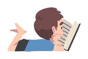 Cute Boy Lying on Floor and Reading Book, Kid Enjoying of Literature, Elementary School Student Character Cartoon Style Illustration vector