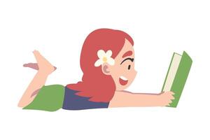 Cute Redhead Girl Lying on Floor and Reading, Kid Enjoying of Literature, Elementary School Student Character Cartoon Style Illustration vector