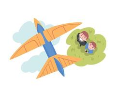 Father and his Son Launching Airplane Model, Happy Parent and Child Spending Time Together Outdoors Cartoon Style Illustration vector
