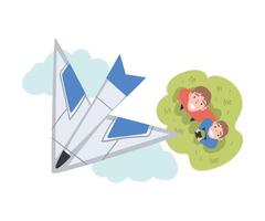Dad and Son Launching Aeromodel, View from Above of Miling Man and Boy Spending Time Together Outdoors, Aeromodelling Cartoon Style Illustration vector