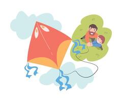 Dad and Son Playing Kite, View from Above, Man and Boy Spending Time Together Outdoors Cartoon Style Illustration vector