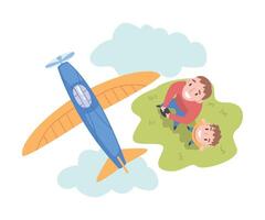 Dad and Son Launching Aeromodel, View from Above of Happy Parent and Son Spending Time Together Outdoors, Aeromodelling Cartoon Style Illustration vector