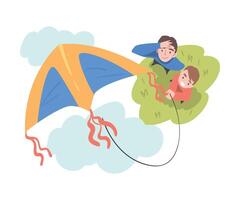 Dad and Son Playing Kite Outdoors, Top View of Cheerful Man and Boy Watching at Flying Kite Cartoon Style Illustration vector