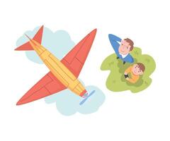 Dad and Son Launching Aeromodel or Glider, View from Above of Parent and Child Watching at Flying Airplane Outdoors, Aeromodelling Concept Cartoon Style Illustration vector