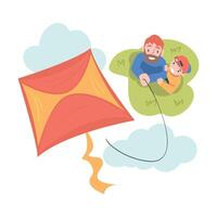 Dad and His Son Playing Kite Outdoors, Top View of Smiling Man and Boy Watching at Flying Kite, Family Spending Time Together Outdoors Cartoon Style Illustration vector
