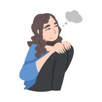 Dreaming Woman Sitting with Bending Knees Fantasizing Imagining Something in Her Head Illustration vector