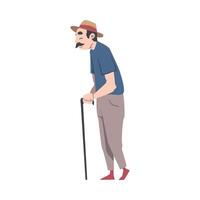 Senior Man Walking with Cane, Cheerful Active Retired Elderly Man Character Cartoon Style Illustration vector