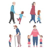Grandparents Having Good Time with Grandchildren Set, They are Walking with Their Grandsons and Granddaughters Cartoon Style Illustration vector