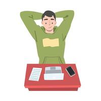 Satisfied Man Journalist or Columnist at Workplace Thinking Over Article Topic Illustration vector