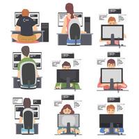 Web Developer or Programmer Working In Front of Computer Screen Illustration Set vector
