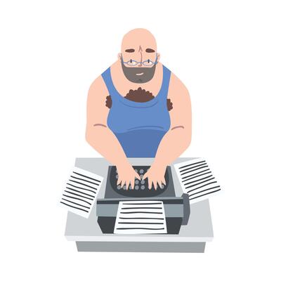 Bearded Man Journalist Sitting at Desk Writing Article or Public Essay on Typewriter Illustration