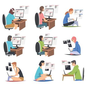 Software Developer or Programmer Engaged in Coding in Server-side Framework on Laptop or Computer Illustration Set vector