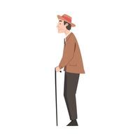 Side View of Elderly Man with Walking Cane Standing and Waiting Cartoon Style Illustration vector