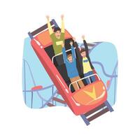 People Having Fun in Roller Coaster, Happy Friends Riding Small Fast Open Car in Amusement Park Cartoon Style Illustration vector