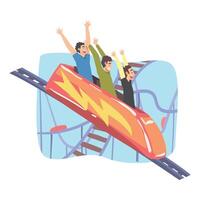 People Having Fun in Roller Coaster, Laughing Boys Riding Small Fast Open Car in Amusement Park, Side View Cartoon Style Illustration vector