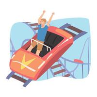Guy Having Fun in Roller Coaster, Happy Excited Boy Riding Small Red Fast Open Car in Amusement Park Cartoon Style Illustration vector