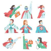 Doctors Superheroes Wearing Waving Capes and Medical Masks Set, Confident Doctors Fighting Against Viruses, Healthcare and Safety Concept Cartoon Style Illustration vector