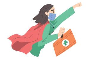 Doctor Superhero Wearing Medical Mask and Cape Flying with First Aid kit in her Hands, Professional Doctor Fighting Against Viruses Cartoon Style Illustration vector