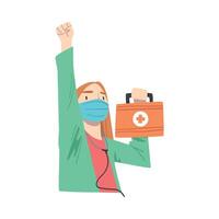 Doctor Superhero Wearing Medical Mask Standing with First Aid kit in her Hands, Professional Doctor Fighting Against Viruses Cartoon Style Illustration vector