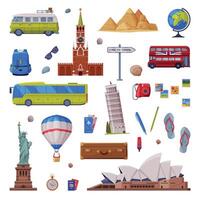 Travel Time with City Landmarks and Trip Attributes Like Backpack, Camera and Passport Set vector