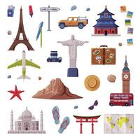 Travel Time with City Landmarks and Trip Attributes Like Luggage Bag, Camera and Passport Set vector