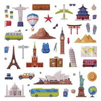 Travel Time with City Landmark and Tourism Attribute Like Map, Camera and Backpack Set vector