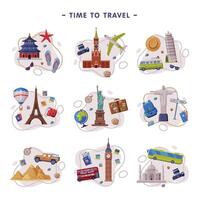 Travel and Tourism Attribute with City Landmark and Scattered Journey Symbols Composition Set vector