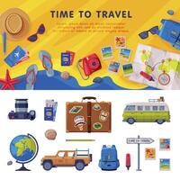 Travel Time Background with Tourism Attribute Like Globe, Camera and Backpack Set vector