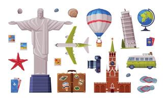 Travel Time with City Landmark and Tourism Attribute Like Airplane, Globe and Camera Set vector