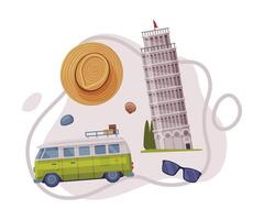 Travel and Tourism Attribute with Pisa Leaning Tower as City Landmark and Hat Composition vector